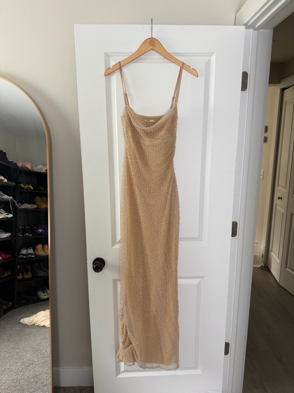 HOUSE OF CB Calla Beaded Cowl Neck Slip Dress in Nude